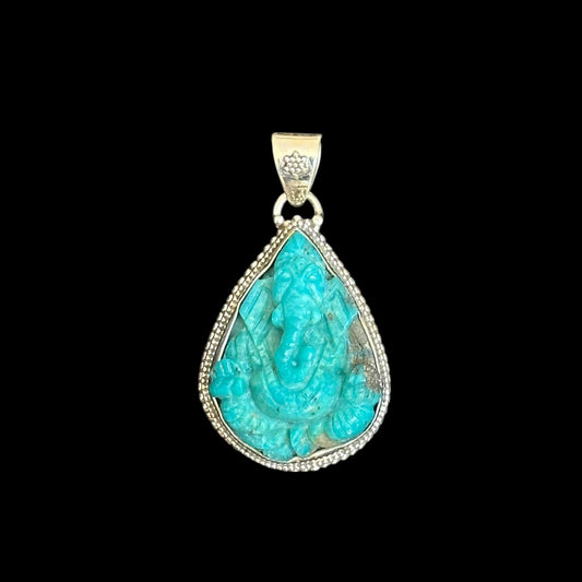 Anhänger "Ananta" (अनन्त) Türkis Iran gefasst Ganesha-Tränenform.