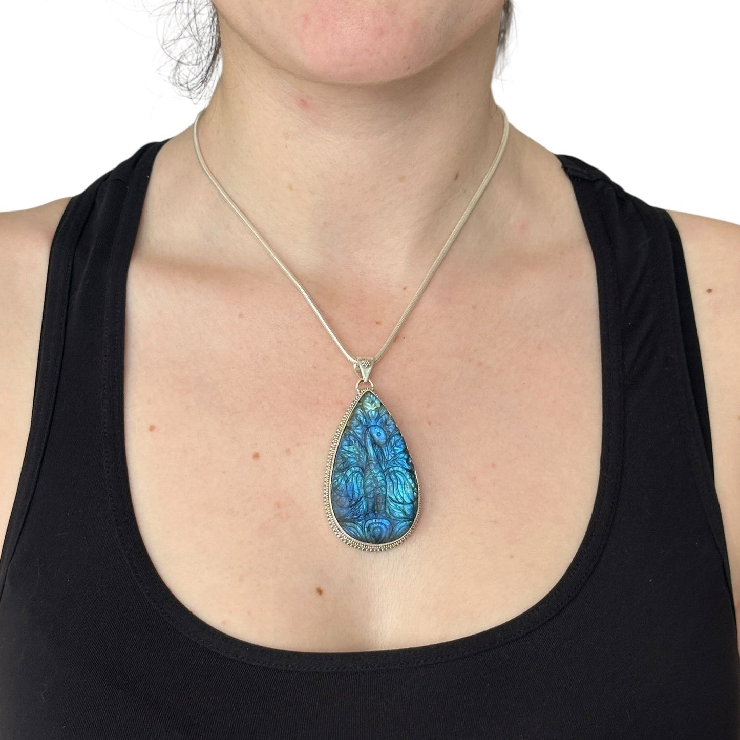 "Ananta" (अनन्त) Pendant Carved Labradorite Peacock Teardrop Shape.