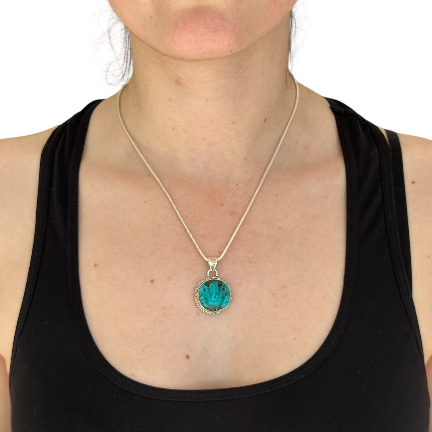 "Ananta" (अनन्त) Pendant Iran Turquoise Carved Ganesha Round Shape.