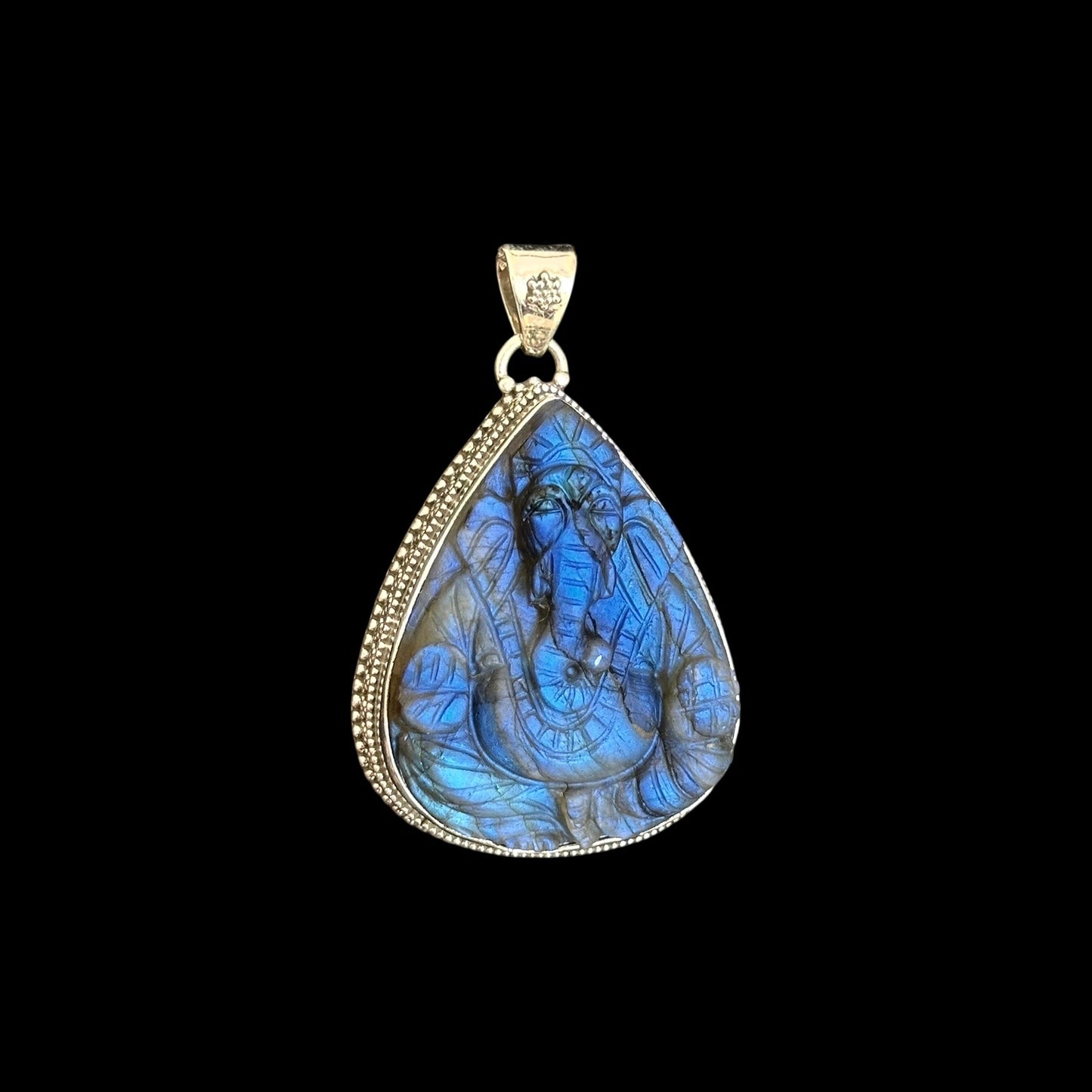 "Ananta" (अनन्त) Pendant - Carved Labradorite Ganesha Teardrop Shape