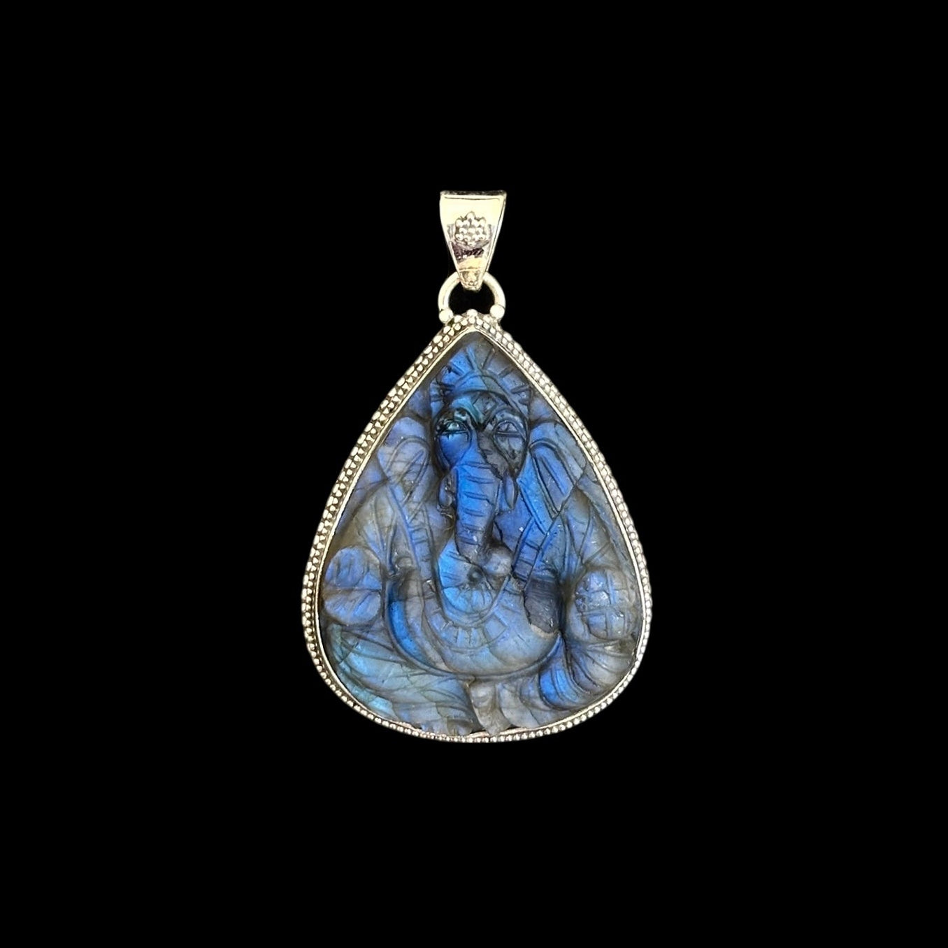 "Ananta" (अनन्त) Pendant - Carved Labradorite Ganesha Teardrop Shape