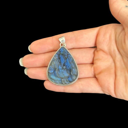 "Ananta" (अनन्त) Pendant - Carved Labradorite Ganesha Teardrop Shape