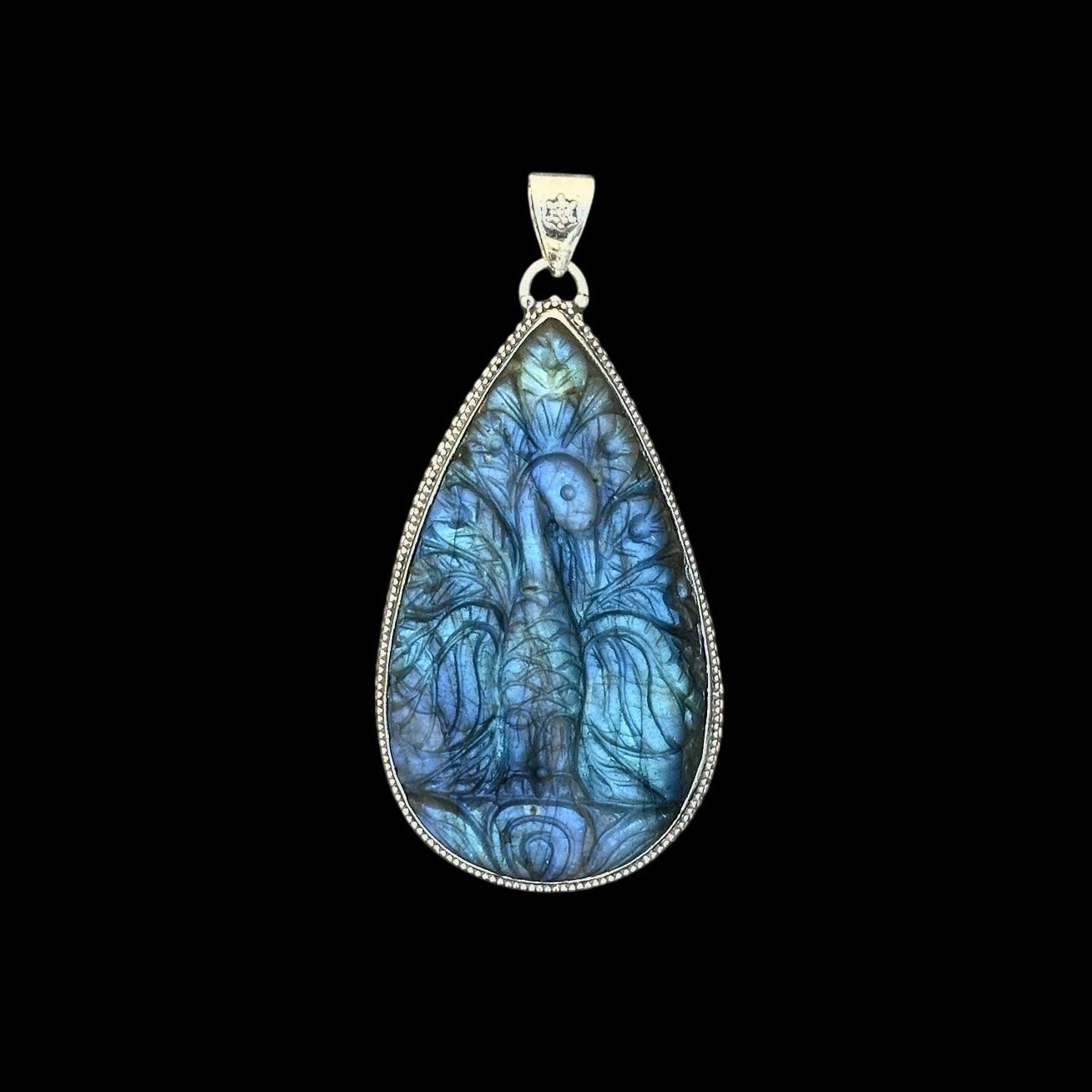 "Ananta" (अनन्त) Pendant Carved Labradorite Peacock Teardrop Shape.