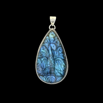"Ananta" (अनन्त) Pendant Carved Labradorite Peacock Teardrop Shape.