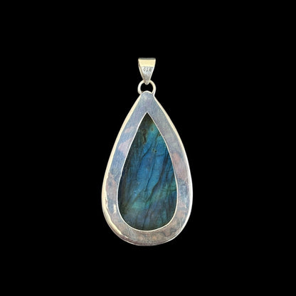 "Ananta" (अनन्त) Pendant Carved Labradorite Peacock Teardrop Shape.
