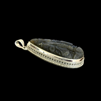 "Ananta" (अनन्त) Pendant Carved Labradorite Peacock Teardrop Shape.