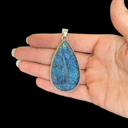 "Ananta" (अनन्त) Pendant Carved Labradorite Peacock Teardrop Shape.