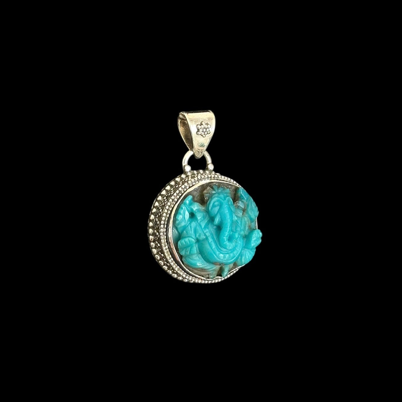 "Ananta" (अनन्त) Pendant Iran Turquoise Carved Ganesha Round Shape.