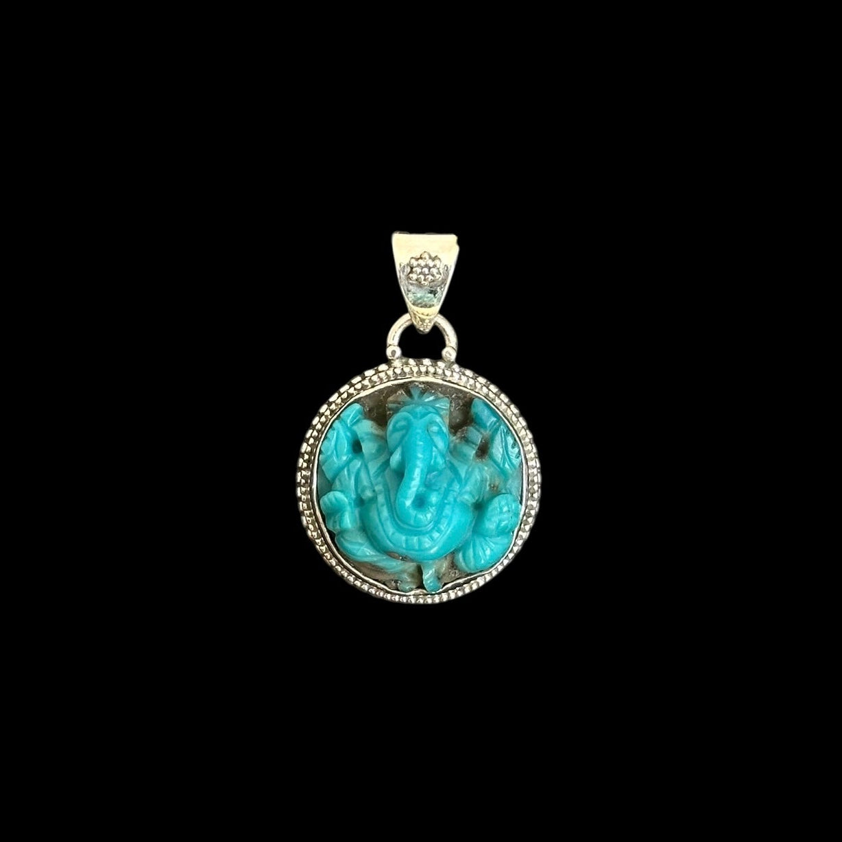 "Ananta" (अनन्त) Pendant Iran Turquoise Carved Ganesha Round Shape.