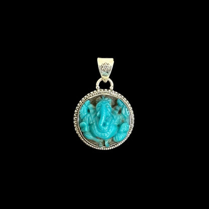 "Ananta" (अनन्त) Pendant Iran Turquoise Carved Ganesha Round Shape.