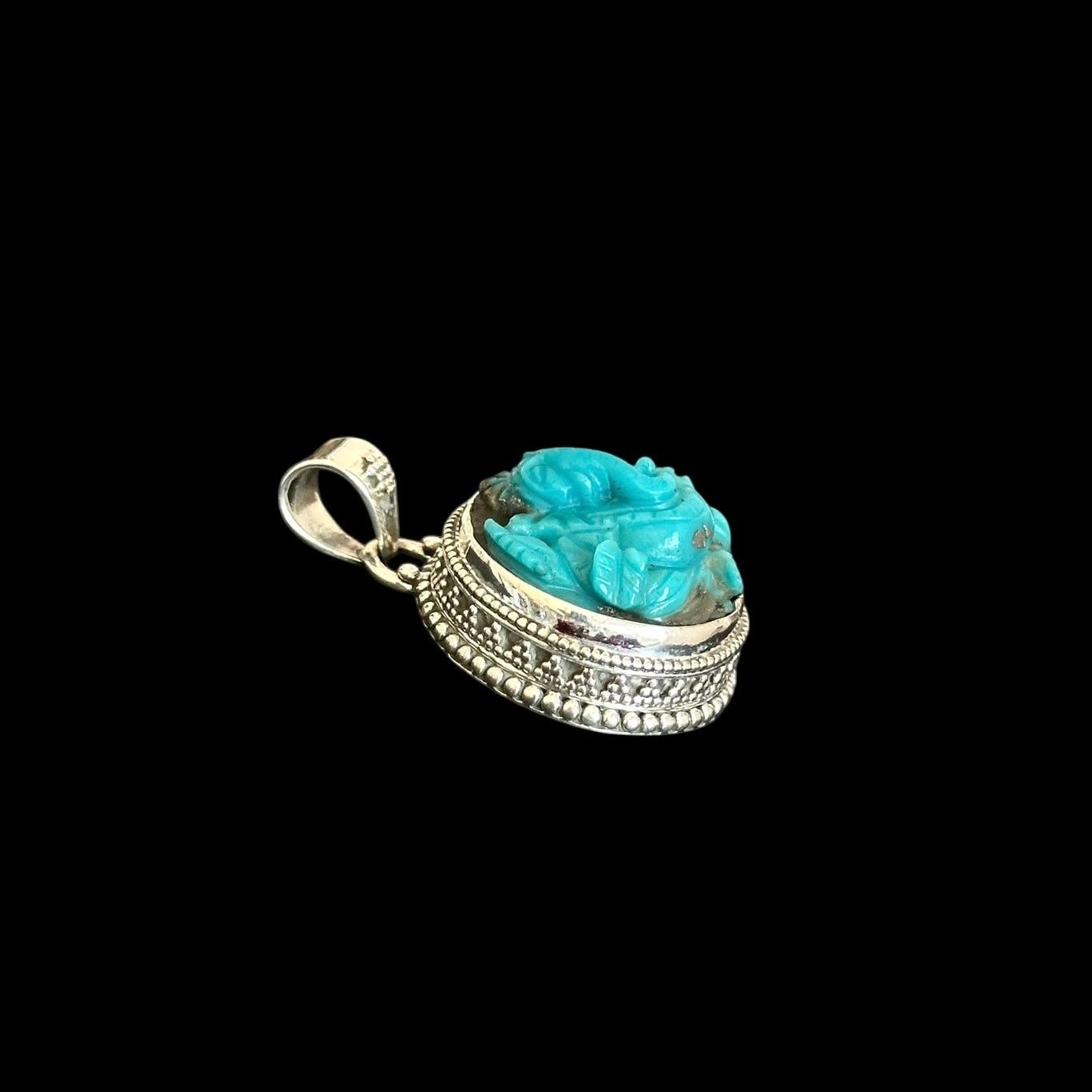 "Ananta" (अनन्त) Pendant Iran Turquoise Carved Ganesha Round Shape.