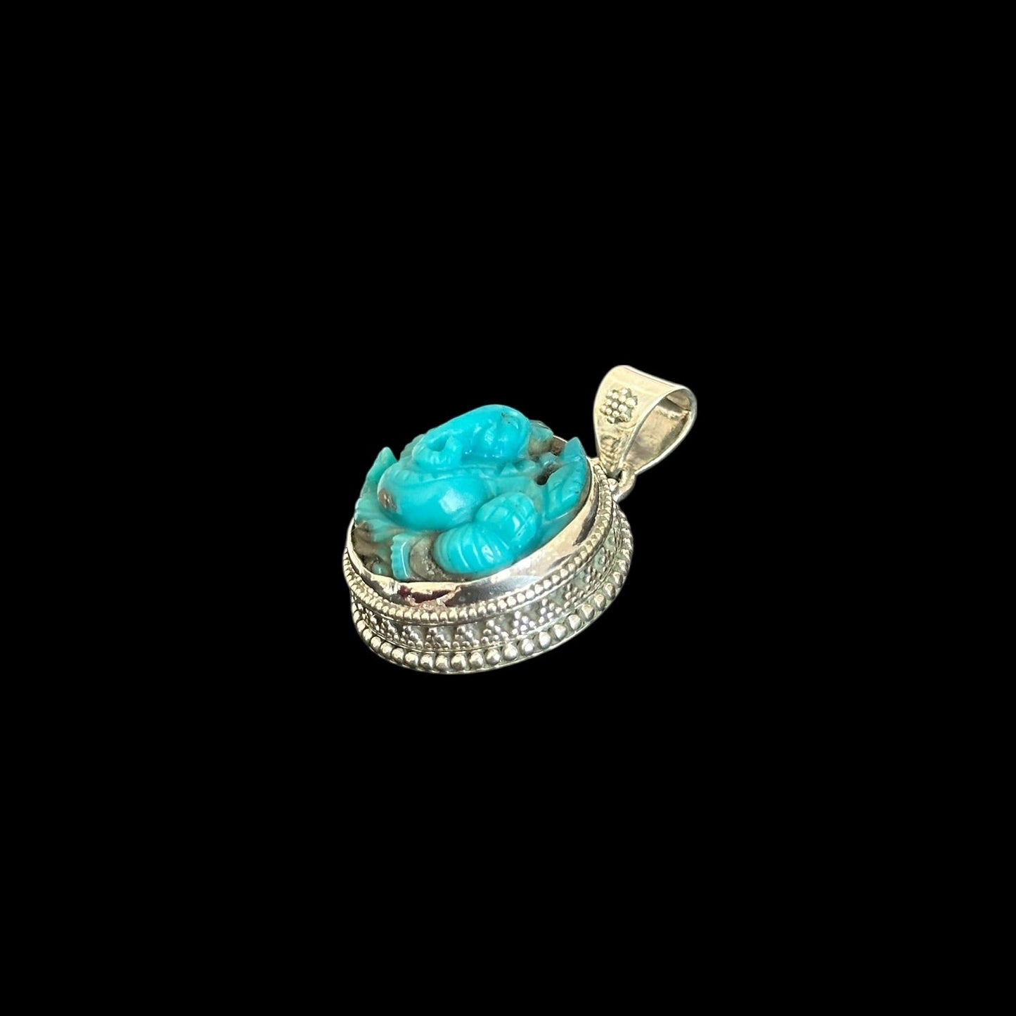 "Ananta" (अनन्त) Pendant Iran Turquoise Carved Ganesha Round Shape.