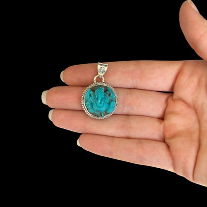 "Ananta" (अनन्त) Pendant Iran Turquoise Carved Ganesha Round Shape.