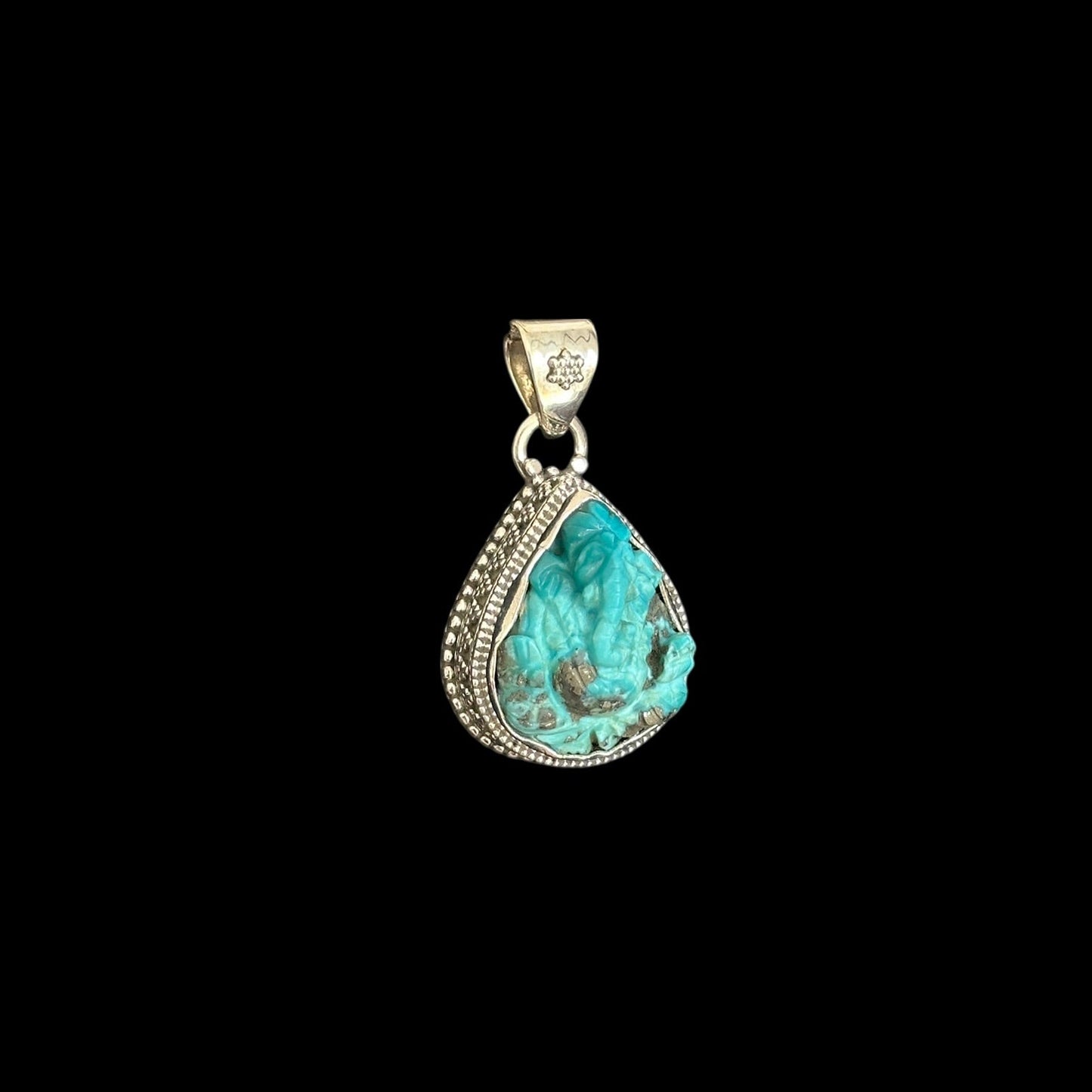 Pendant "Ananta" (अनन्त) Iranian Turquoise Carved Ganesha Teardrop Shape.