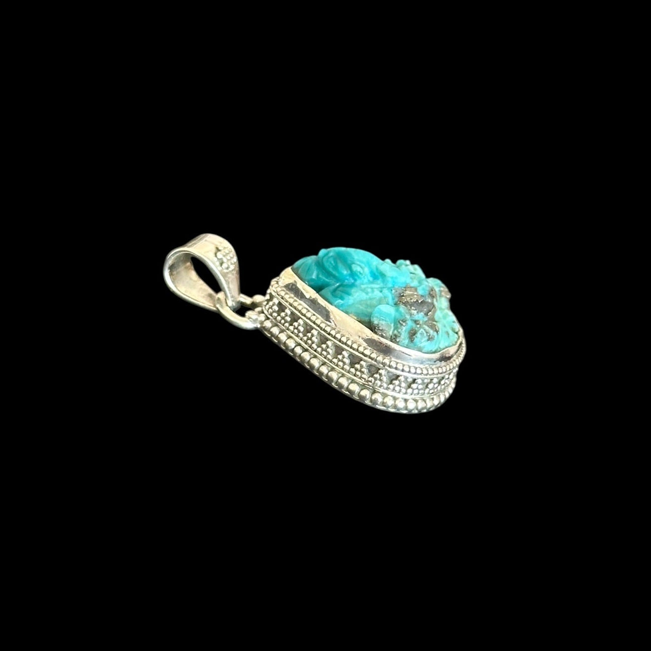 Pendant "Ananta" (अनन्त) Iranian Turquoise Carved Ganesha Teardrop Shape.