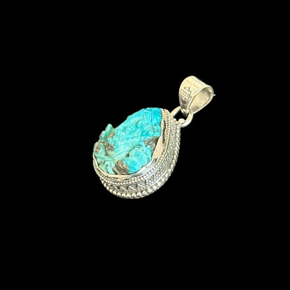 Pendant "Ananta" (अनन्त) Iranian Turquoise Carved Ganesha Teardrop Shape.