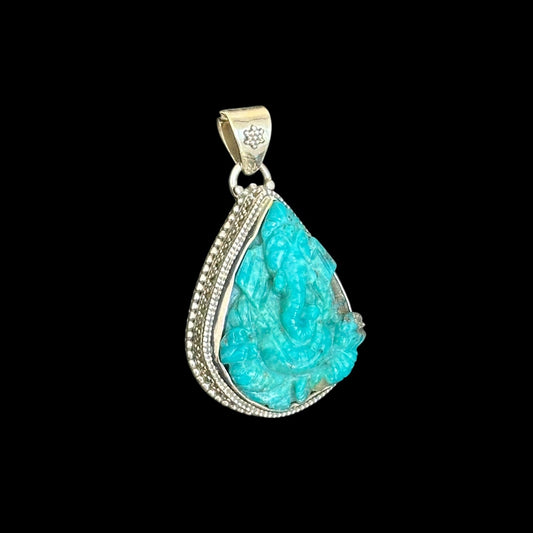 Anhänger "Ananta" (अनन्त) Türkis Iran gefasst Ganesha-Tränenform.