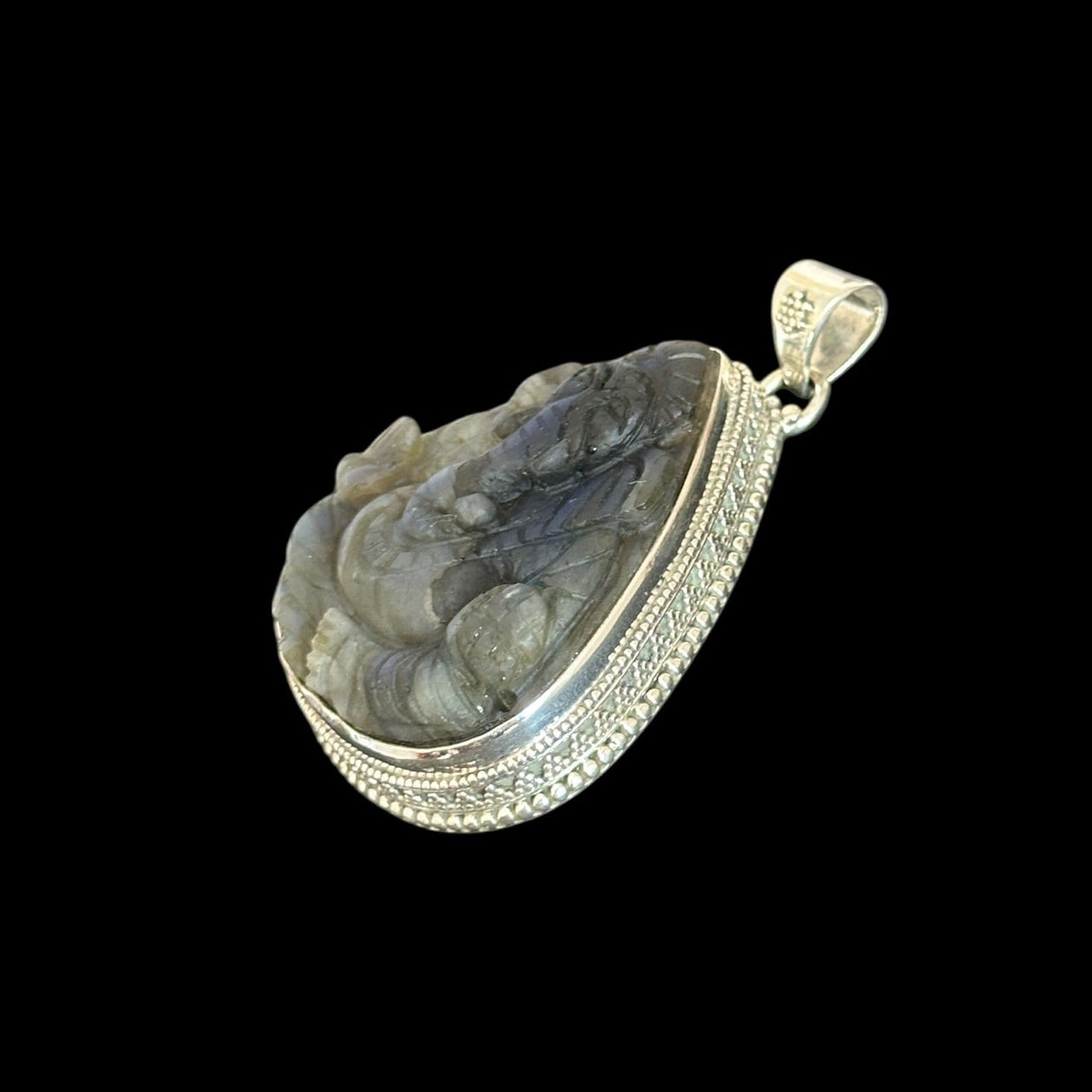 "Ananta" (अनन्त) Pendant - Carved Labradorite Ganesha Teardrop Shape