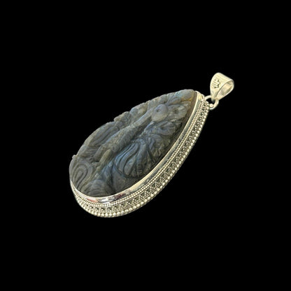 "Ananta" (अनन्त) Pendant Carved Labradorite Peacock Teardrop Shape.
