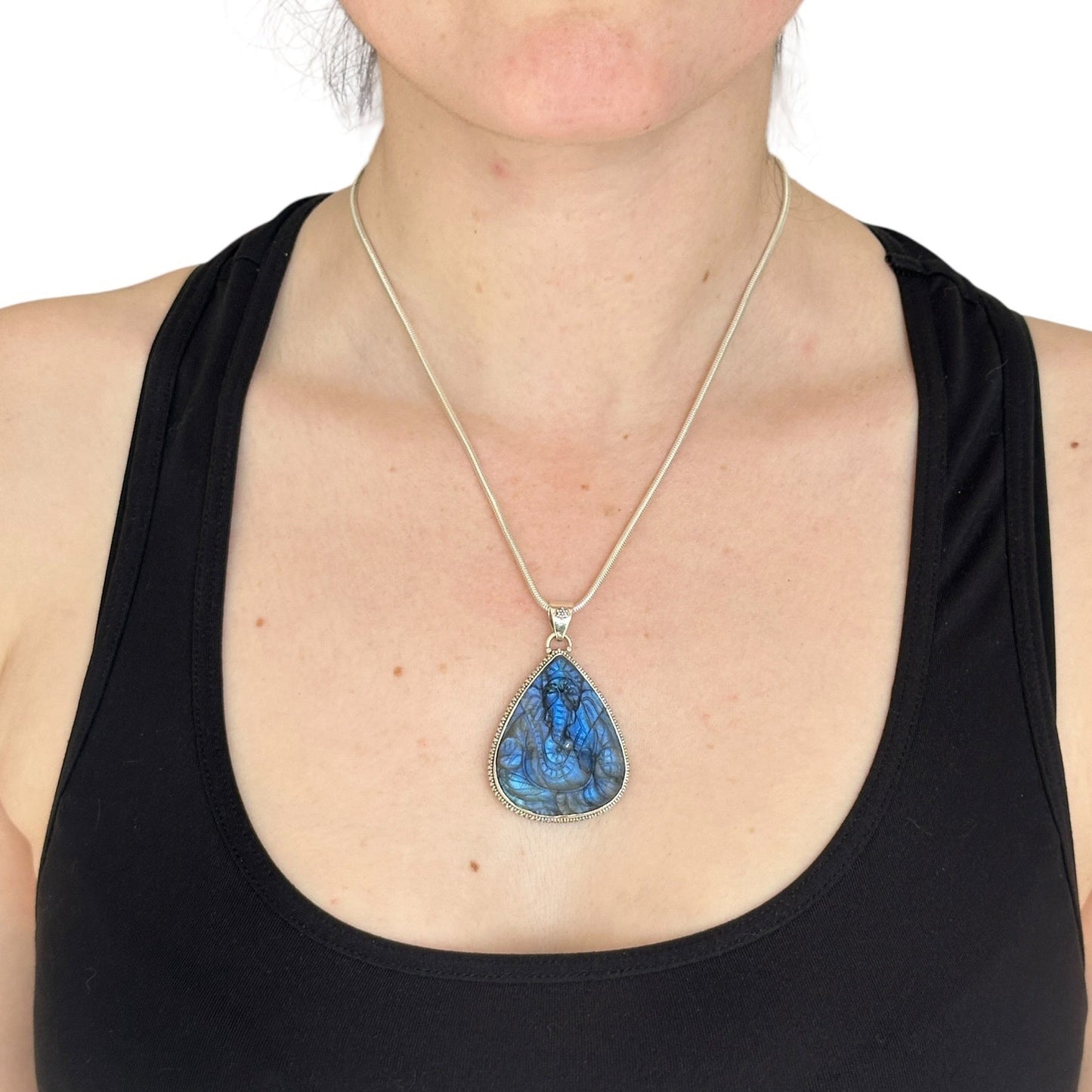 "Ananta" (अनन्त) Pendant - Carved Labradorite Ganesha Teardrop Shape