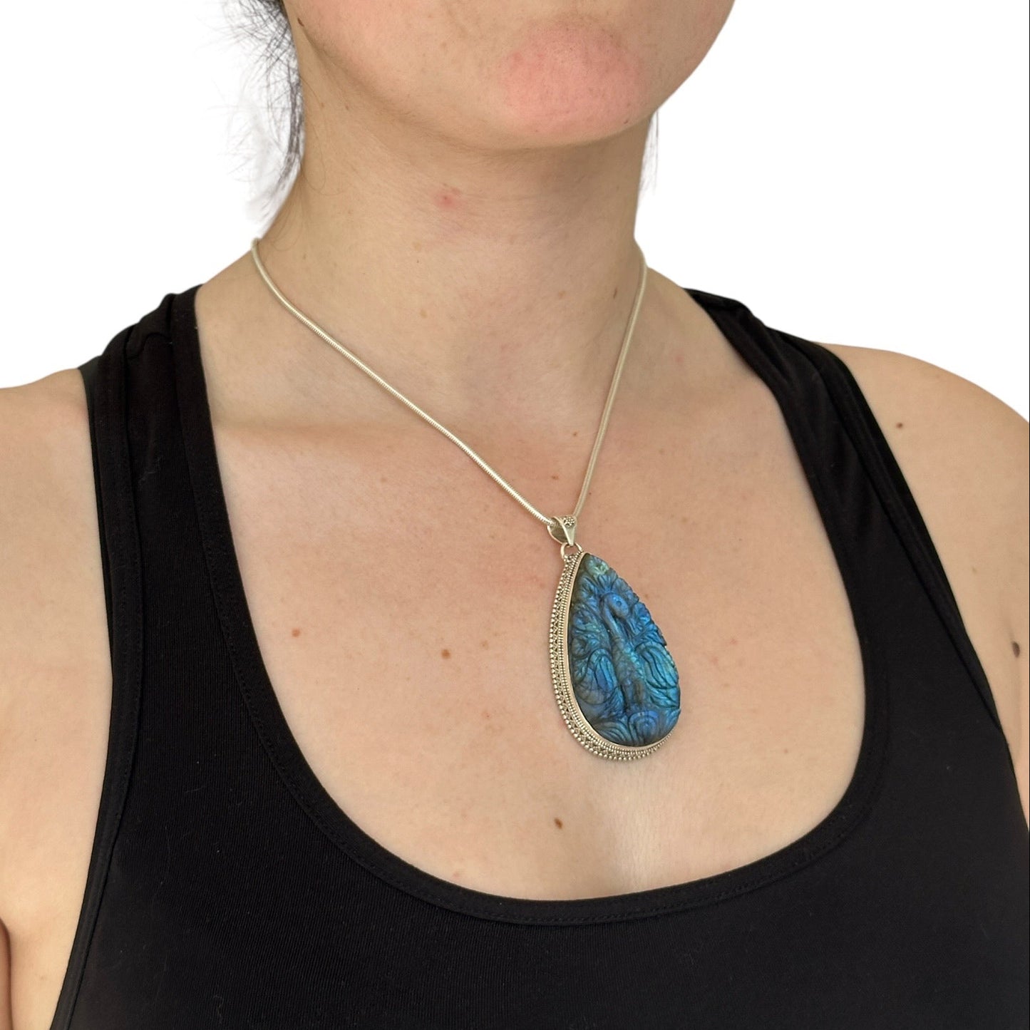 "Ananta" (अनन्त) Pendant Carved Labradorite Peacock Teardrop Shape.