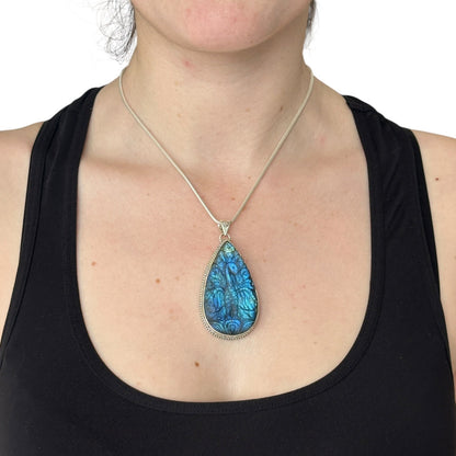 "Ananta" (अनन्त) Pendant Carved Labradorite Peacock Teardrop Shape.