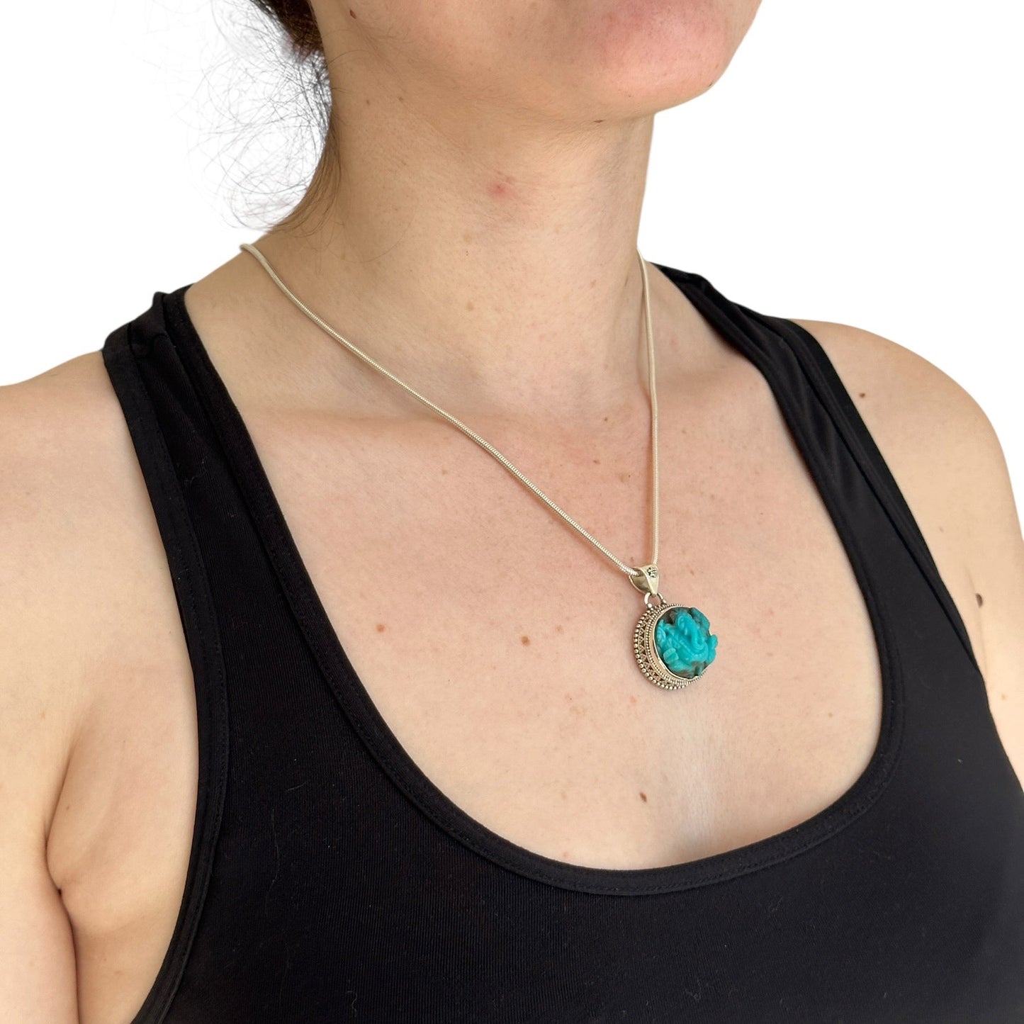 "Ananta" (अनन्त) Pendant Iran Turquoise Carved Ganesha Round Shape.