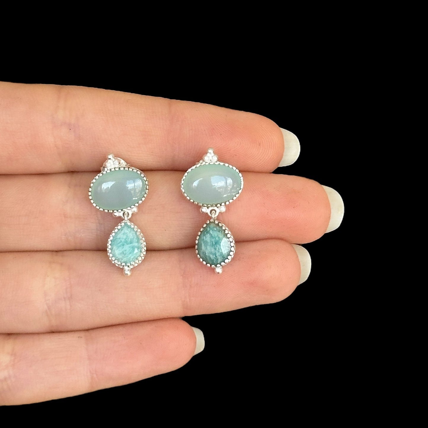 Pendientes Ratna Agua Calcedonia Y Amazonita