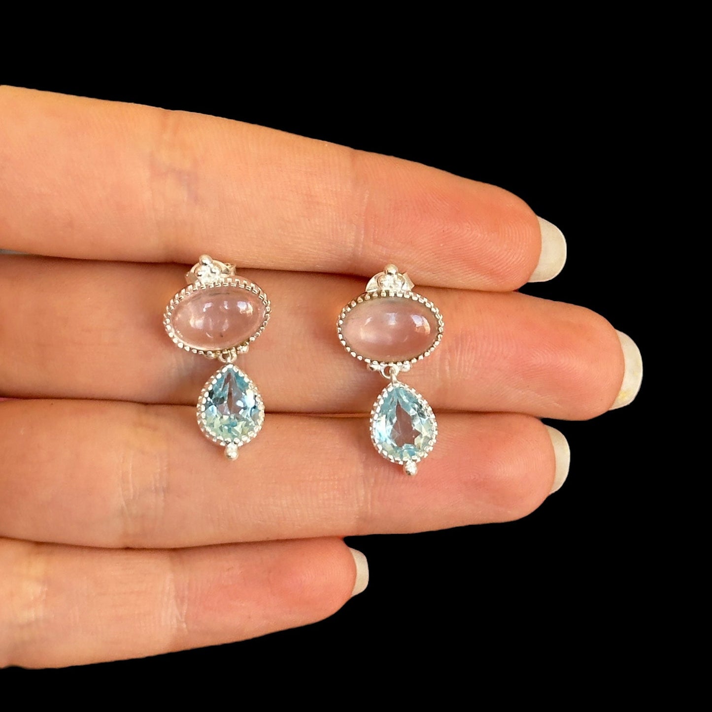 Pendientes Ratna Cuarzo Rosa Y Topacio Azul