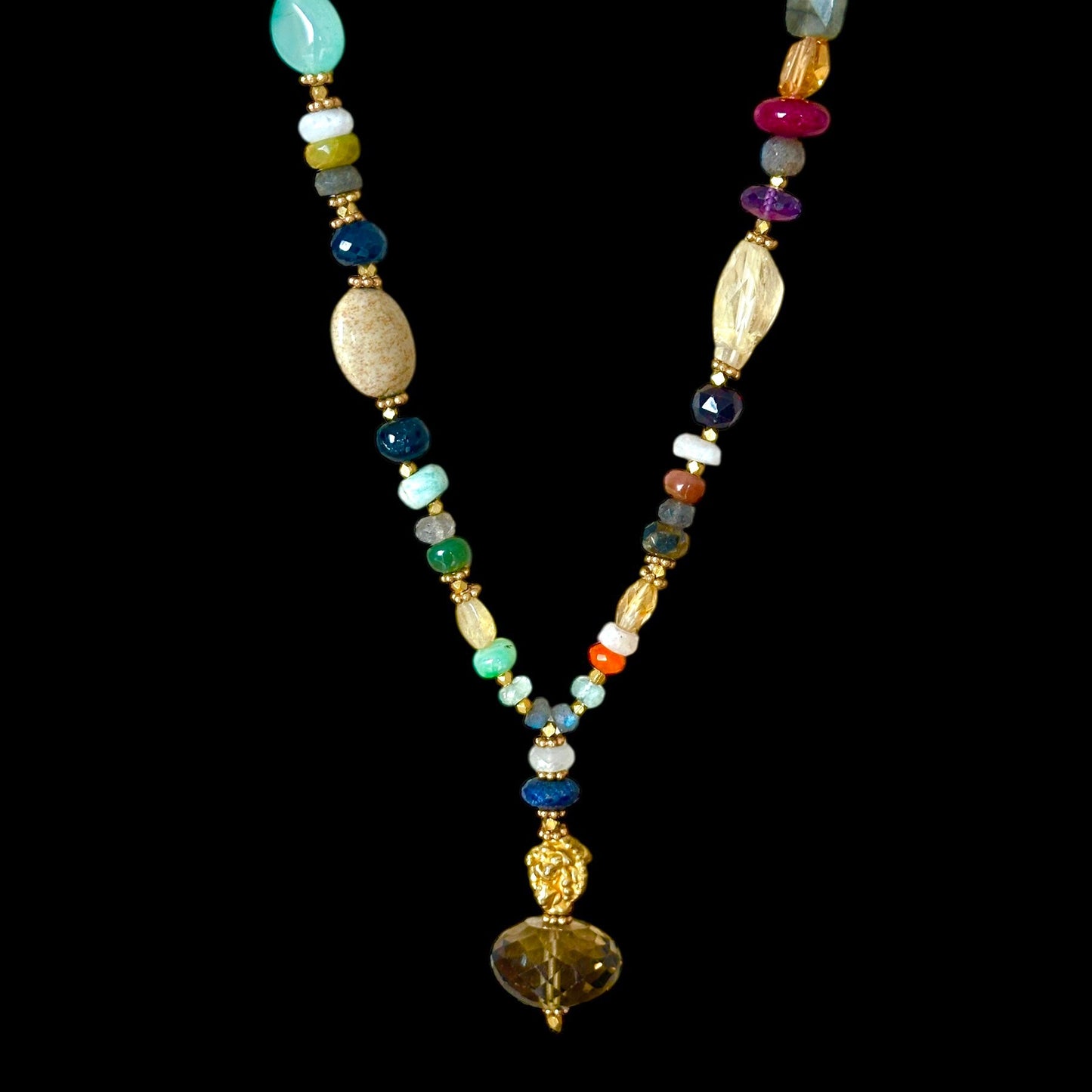 Long Brass Necklace with Mixed Stones