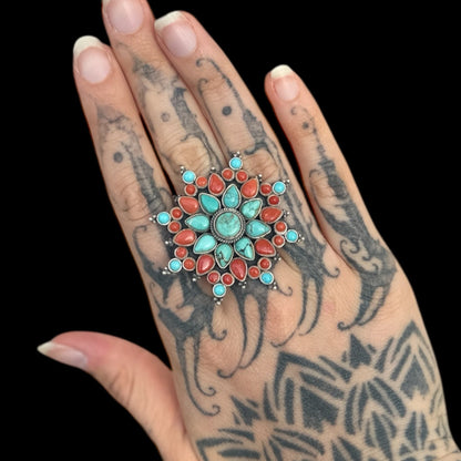 Ring „Sonne“ Koralle und Türkis