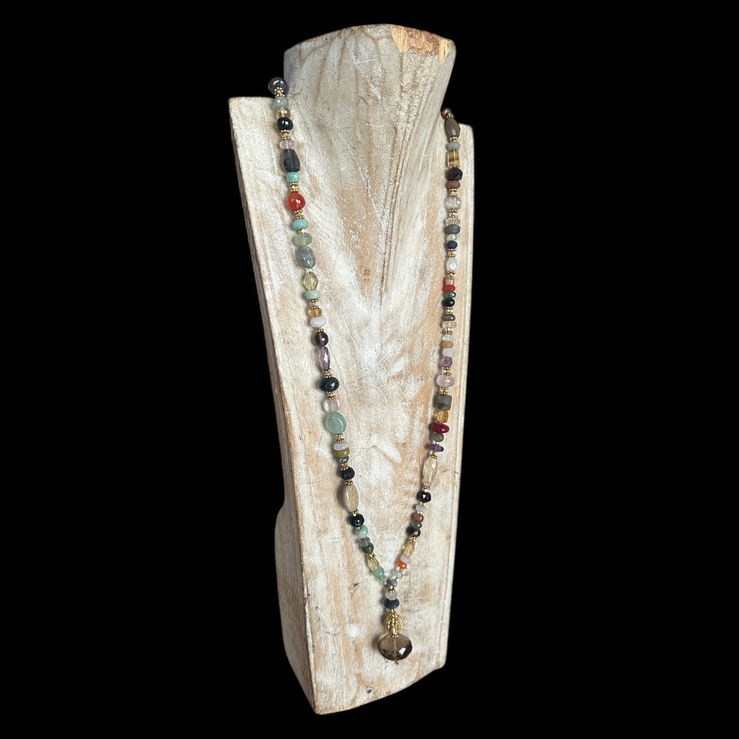 Long Brass Necklace with Mixed Stones