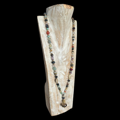 Long Brass Necklace with Mixed Stones